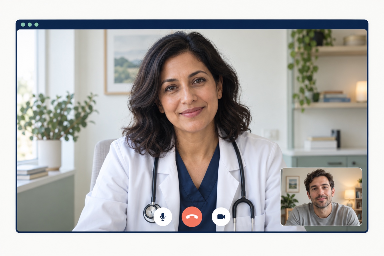 Illustrative video consultation with a doctor and patient.