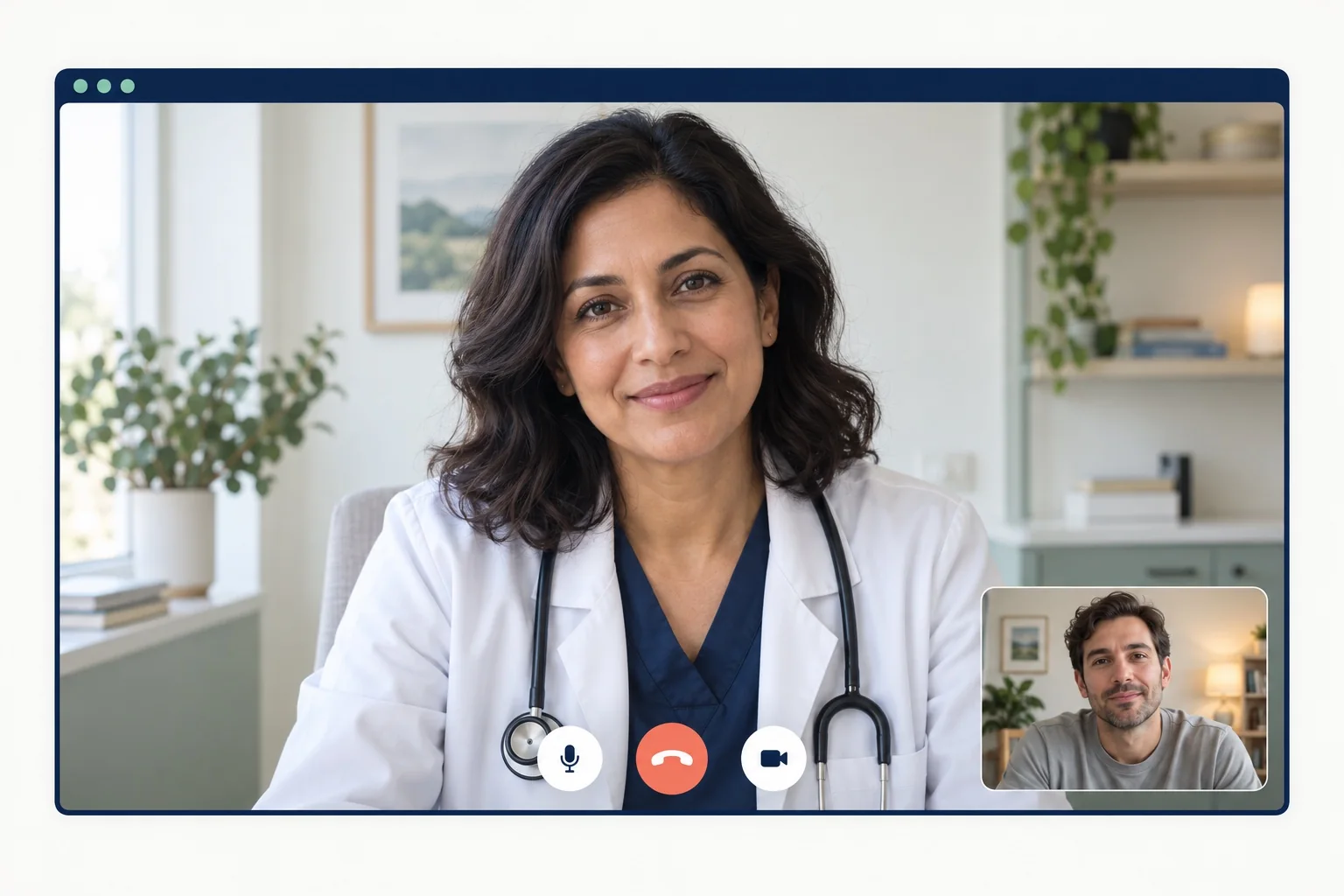 Illustrative video consultation with a female doctor and a patient shown in a small inset window.