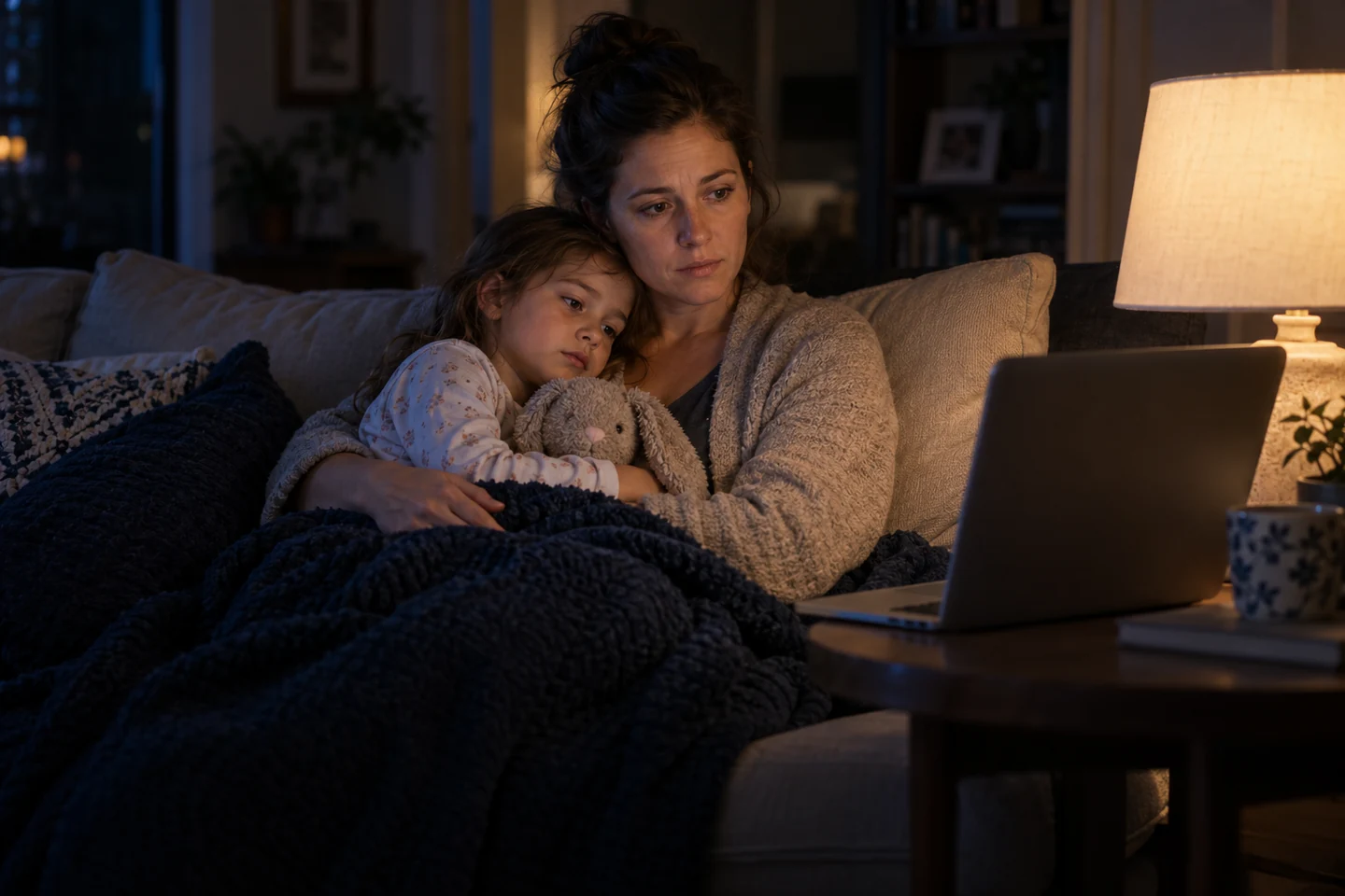 Mother holding her tired daughter on a couch while looking toward a laptop at night.