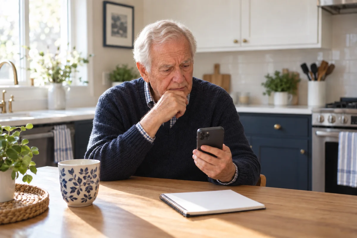 Older man using his smartphone to get medical help at home.